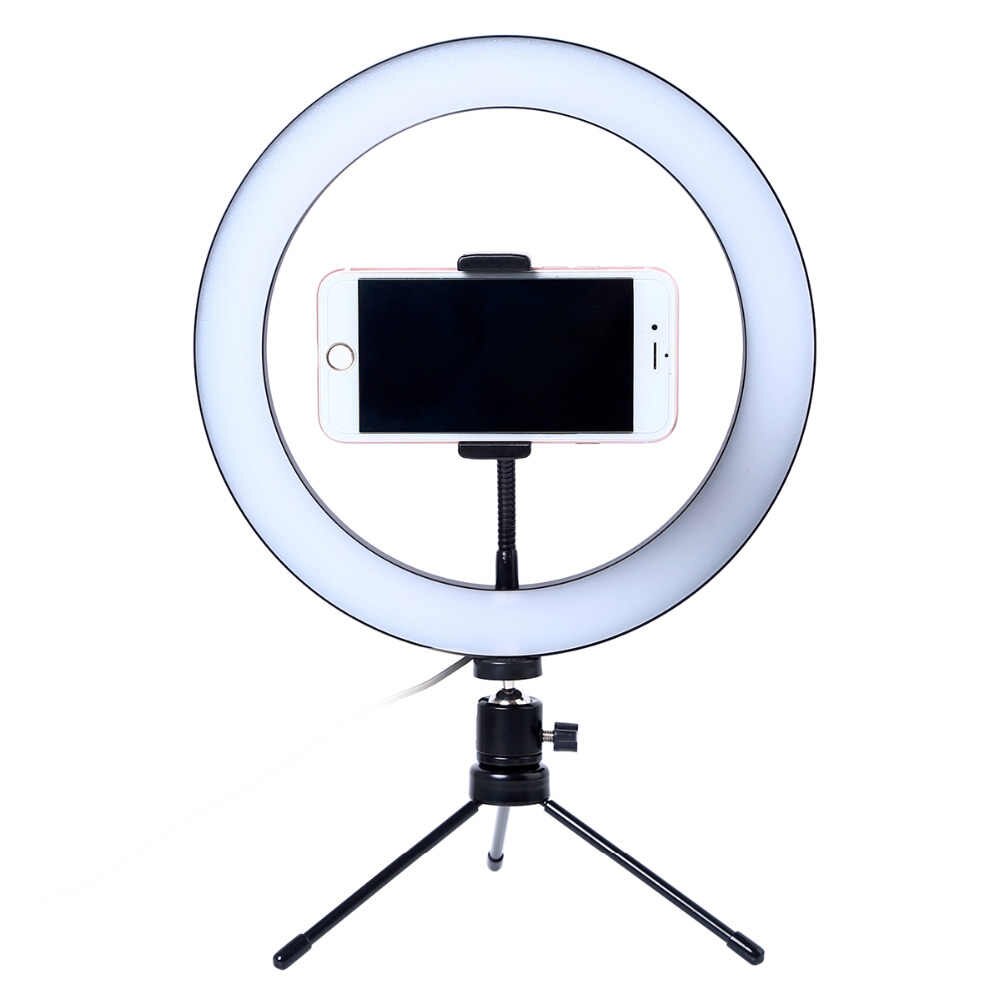 Foto LED Selfie Stick anello di riempimento luce 10 pollici dimmerabile fotocamera anello del telefono lampada con treppiede da tavolo per trucco Video Live Studio